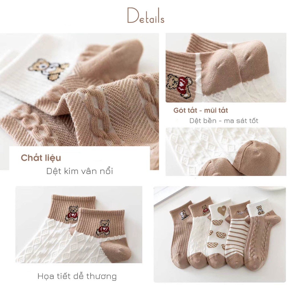 Tất cổ ngắn nữ họa tiết gấu dễ thương, vớ nữ chất liệu cotton thoáng khí T3