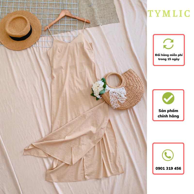 Đầm Đũi Midi Hai Dây Dáng Suông Xẻ Tà TYMLIC