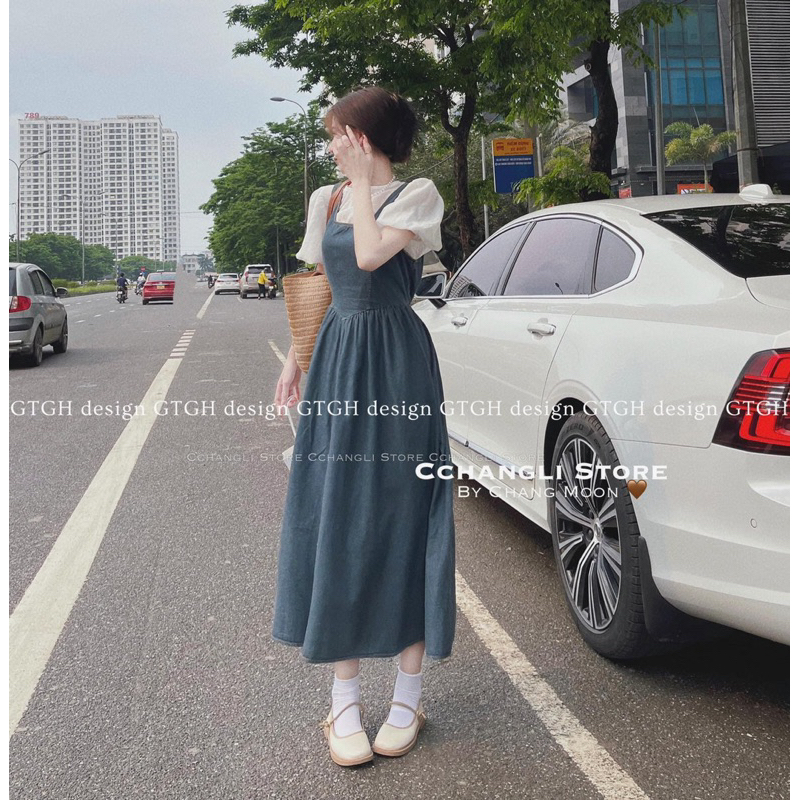 Sét áo tơ tay bồng mix váy bò