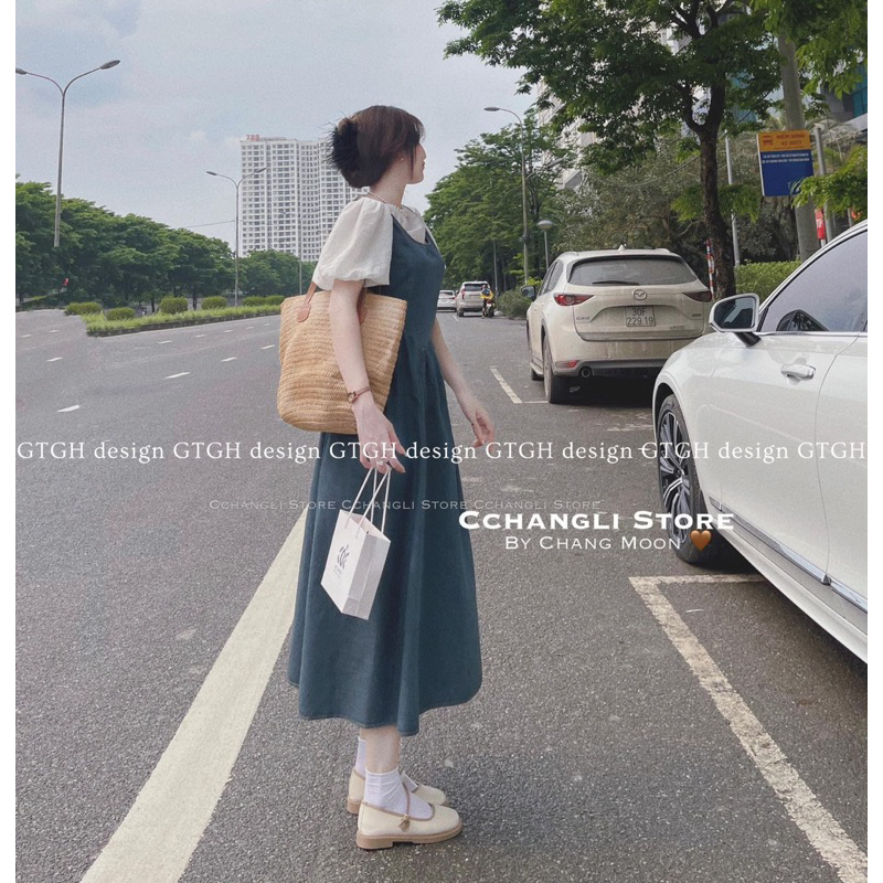Sét áo tơ tay bồng mix váy bò