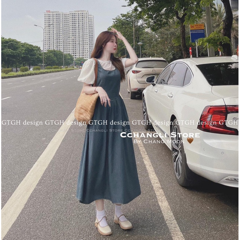 Sét áo tơ tay bồng mix váy bò