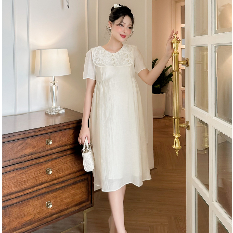 MEDYLA - Váy bầu mùa hè váy tơ phối cổ ren đầm bầu dự tiệc thiết kế cho bầu đi chơi du lịch - VTN1374