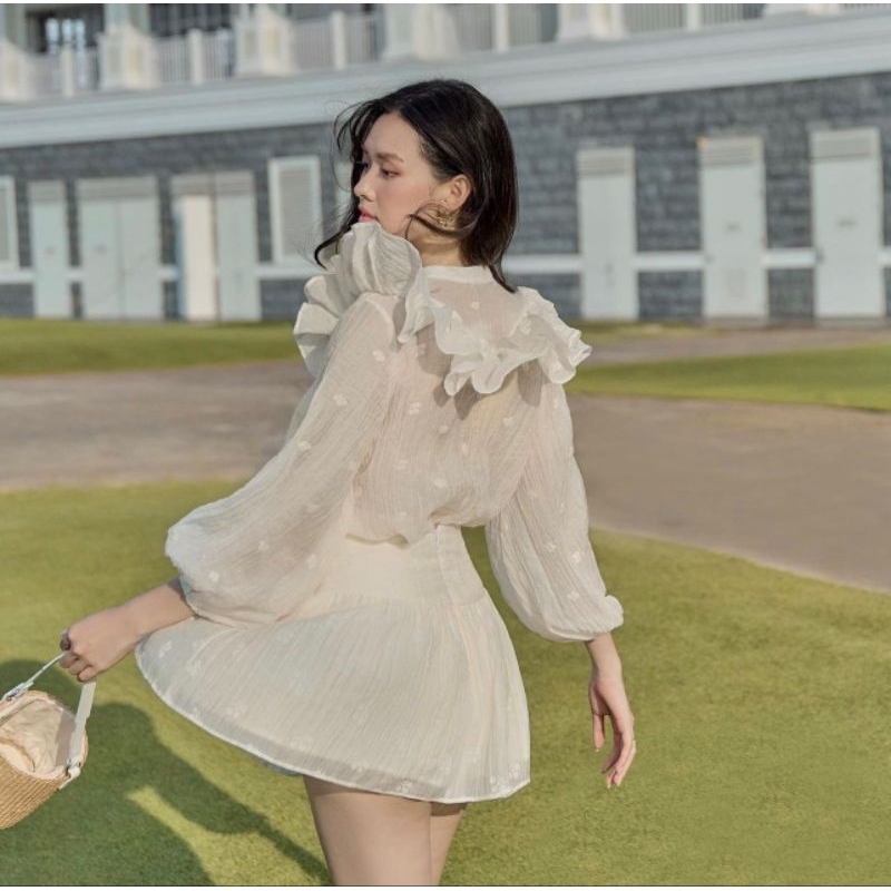 SET VÁY BE HOA TƠ BÈO yena.closet - Set đồ nữ 2 món áo sơ mi thiết kế cổ V vai bèo kèm chân váy xòe 2 lớp có lót ulzzang