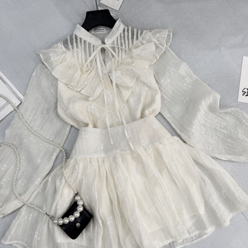 SET VÁY BE HOA TƠ BÈO yena.closet - Set đồ nữ 2 món áo sơ mi thiết kế cổ V vai bèo kèm chân váy xòe 2 lớp có lót ulzzang