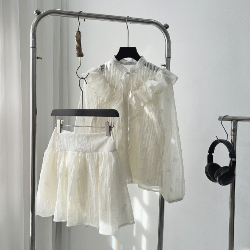 SET VÁY BE HOA TƠ BÈO yena.closet - Set đồ nữ 2 món áo sơ mi thiết kế cổ V vai bèo kèm chân váy xòe 2 lớp có lót ulzzang