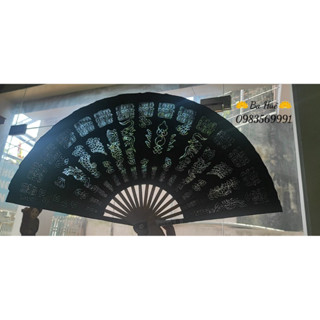 Quạt Sừng Giấy Dó Châm Kim (35 - 40cm) (Nâu, Tím Than) Quạt Cầm Tay Rồng Chầu Mặt Nguyệt