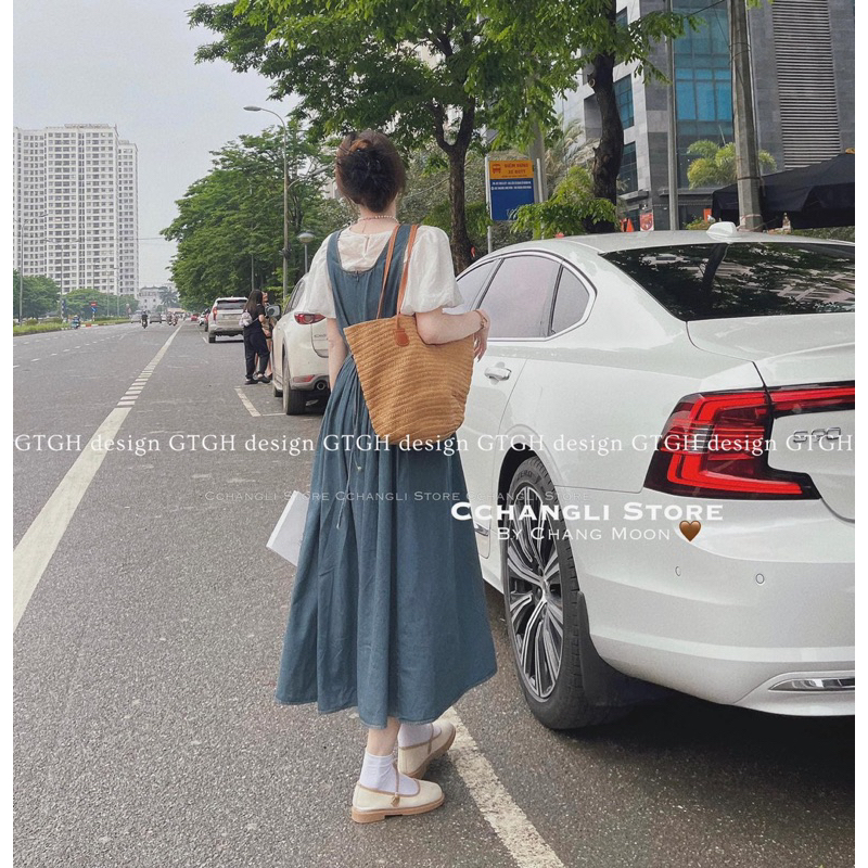 Sét áo tơ tay bồng mix váy bò