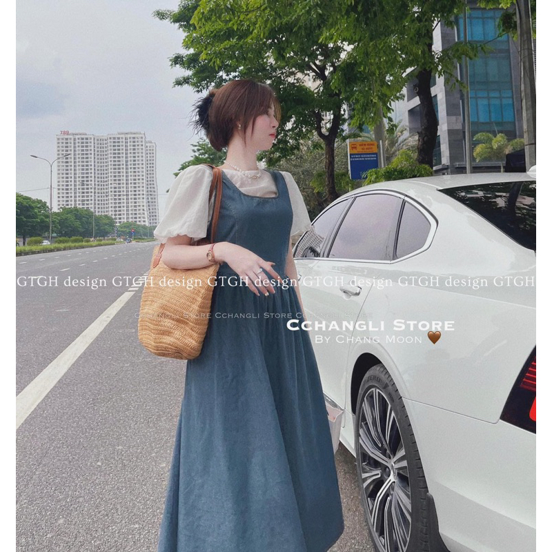 Sét áo tơ tay bồng mix váy bò