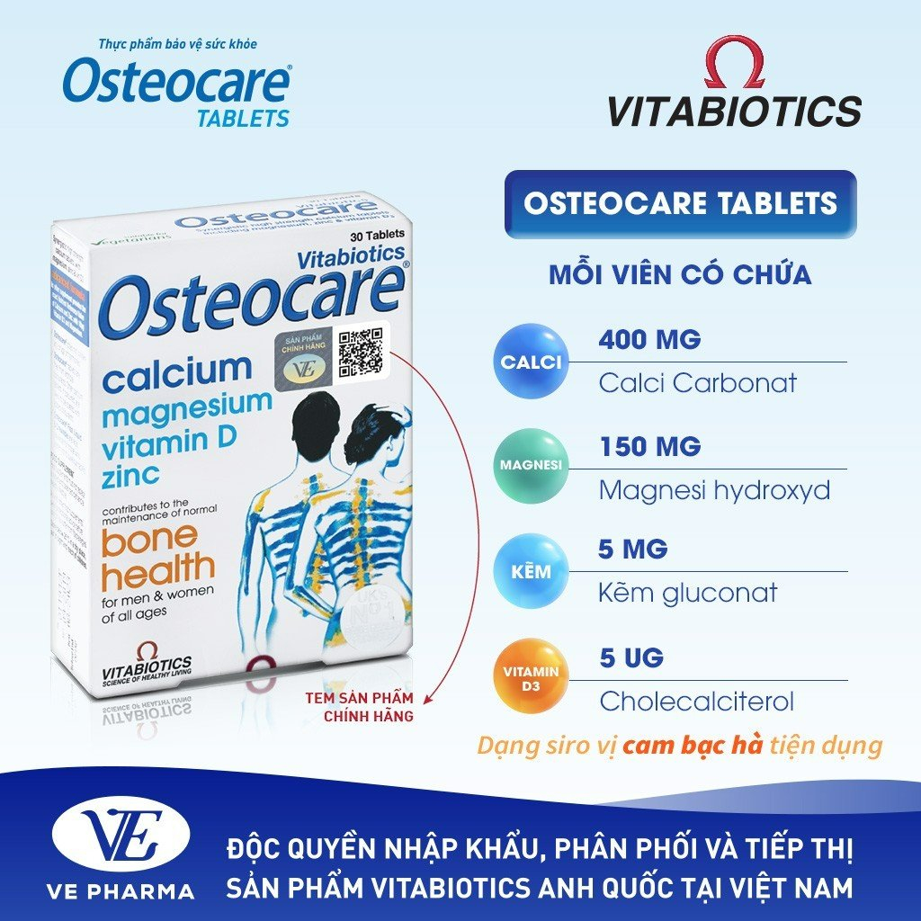 Viên Uống Chắc Khỏe Xương Vitabiotics OSTEOCARE Bổ Sung Canxi, Vitamin D Và Khoáng Chất Thiết Yếu Hộp 30 Viên