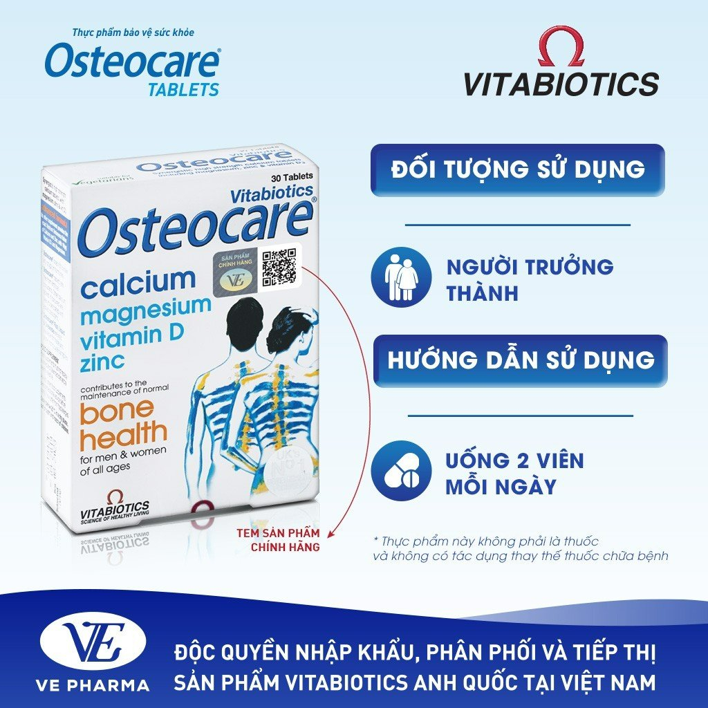 Viên Uống Chắc Khỏe Xương Vitabiotics OSTEOCARE Bổ Sung Canxi, Vitamin D Và Khoáng Chất Thiết Yếu Hộp 30 Viên