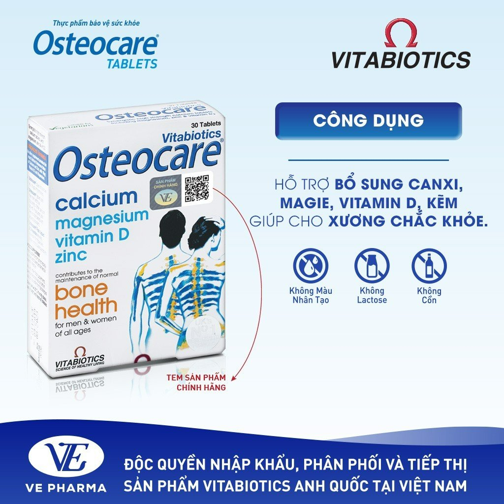 Viên Uống Chắc Khỏe Xương Vitabiotics OSTEOCARE Bổ Sung Canxi, Vitamin D Và Khoáng Chất Thiết Yếu Hộp 30 Viên