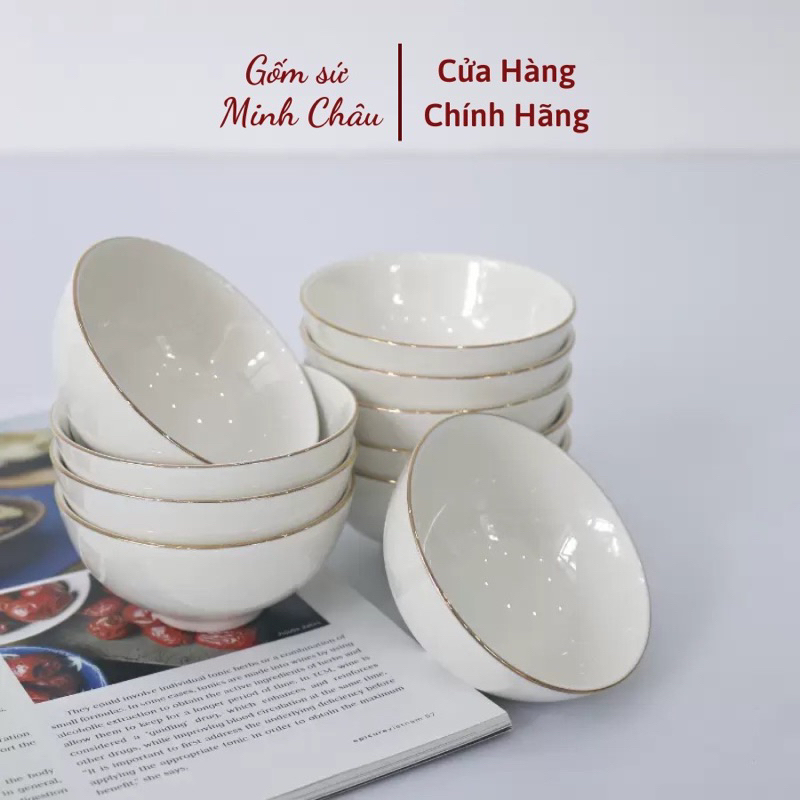Bộ Chén Bát Ăn Cơm Sứ trắng Minh Châu Viền Vàng 12k-11,4cm-Sứ Minh Châu Cao Cấp