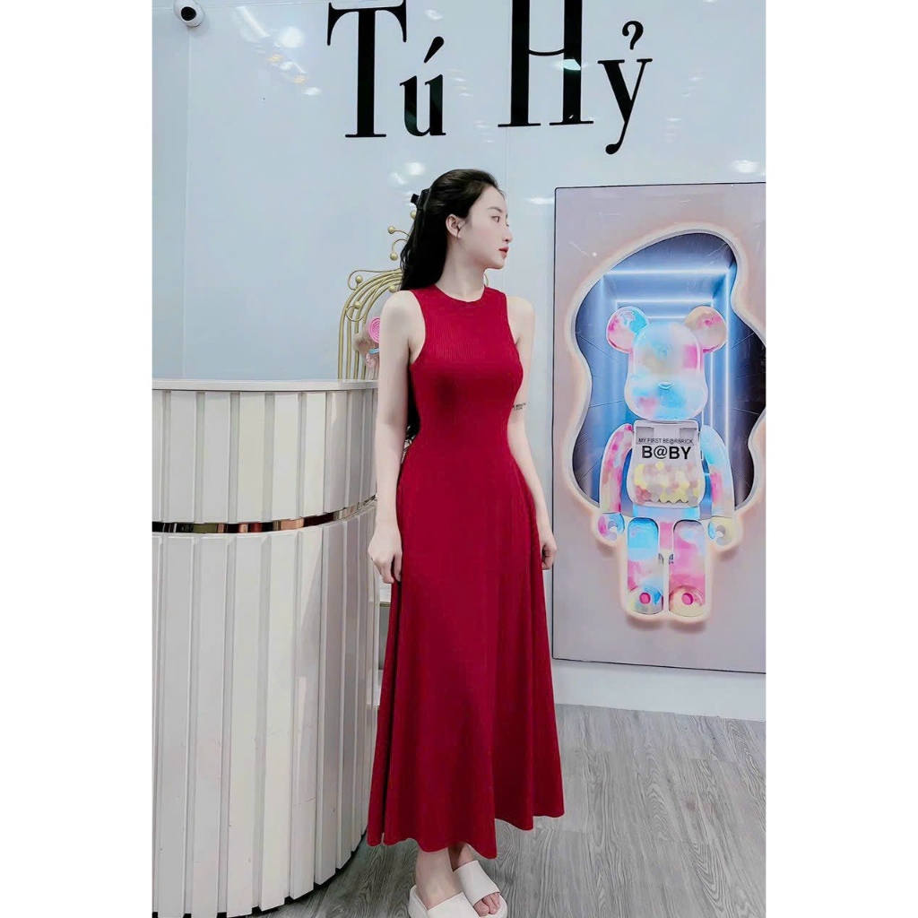Đầm thun gân trơn màu cổ tròn sát nách dáng dài, đầm suông dài qua gối dạo phố đơn giản mtb