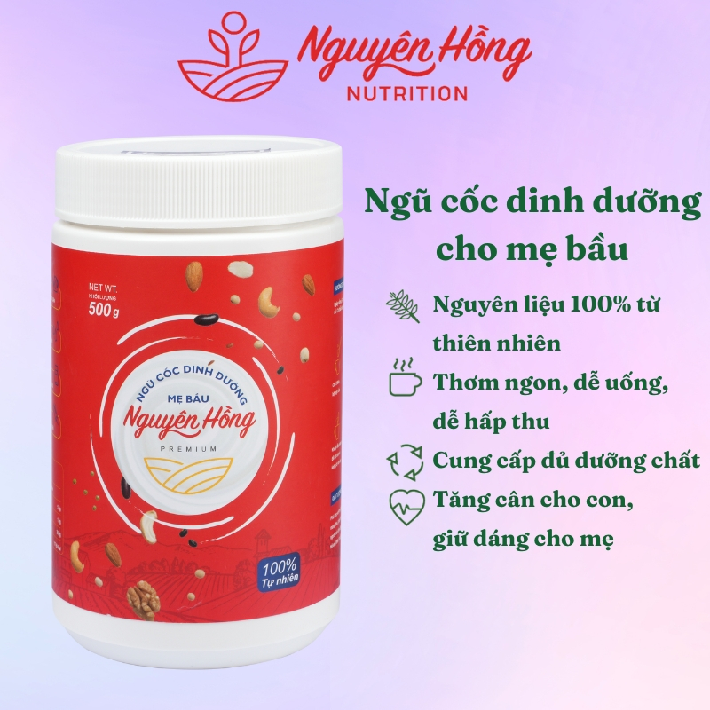 Bột ngũ cốc dinh dưỡng cho mẹ bầu Nguyên Hồng hộp 500g, thành phần từ 15 loại hạt tự nhiên