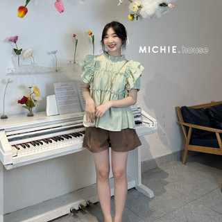 [RẺ VÔ ĐỊCH] Áo sơ mi nữ cổ sen túi ngực tay ngắn form rộng chất đũi xanh trắng đẹp kiểu Hàn Quốc