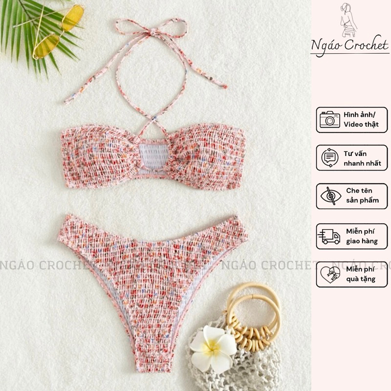 Bộ Bikini Thun nhún 2 Mảnh hoa nhí dễ thương áo quây ngang cột dây chất liệu co dãn có mút ngực mặc đi bơi đi biển