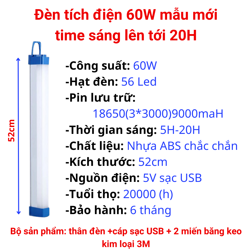 Đèn tích điện, đèn led cao cấp SHOPVINCENT công suất 20W,40W,60W,3 chế độ sáng,có nam châm hút 2 đầu cực mạnh