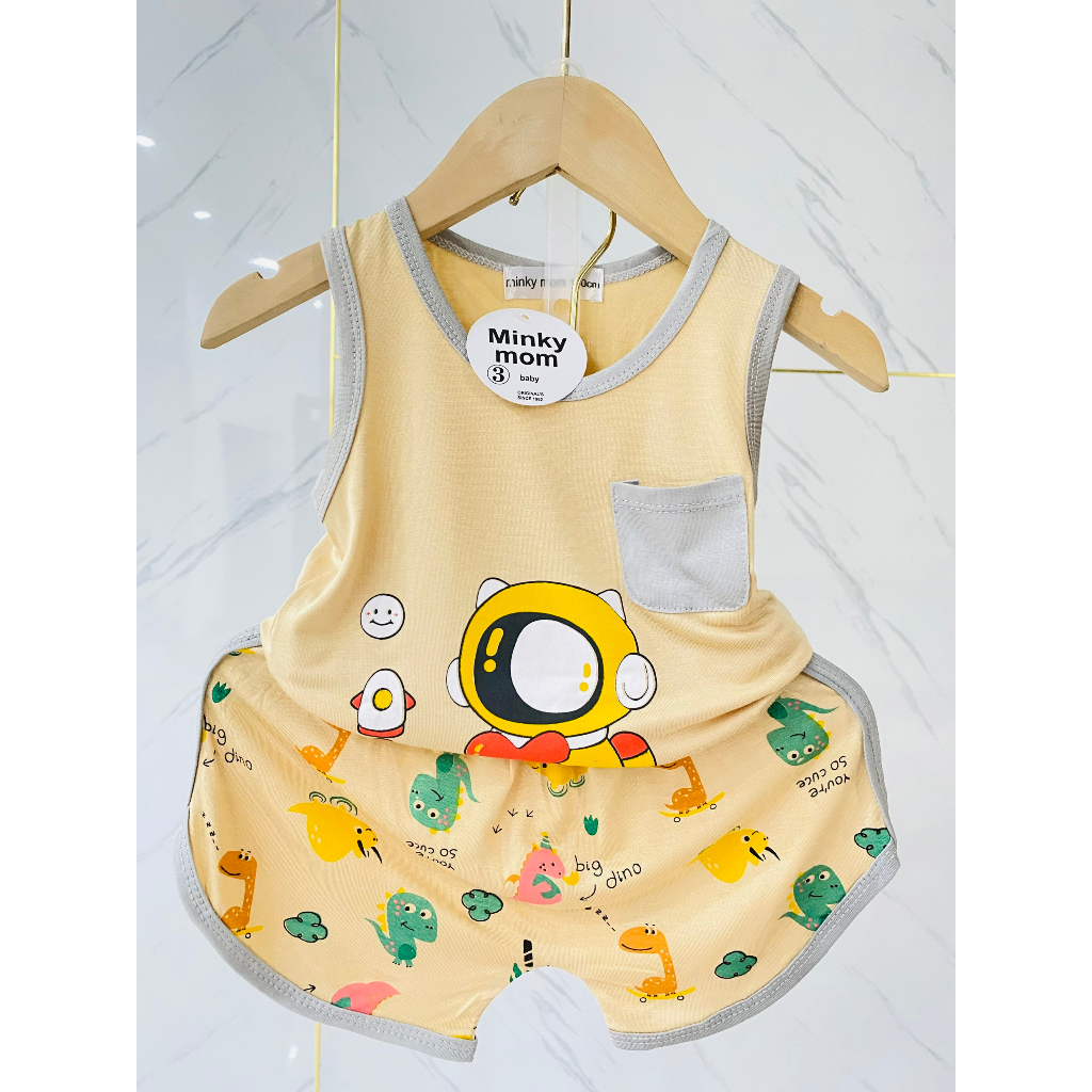 Bộ Ba Lỗ MinKy Mom Cổ Viền Túi Ngực Áo In Hình Bụng Quần Viền In Tràn Hình Thun Lạnh Cho Bé