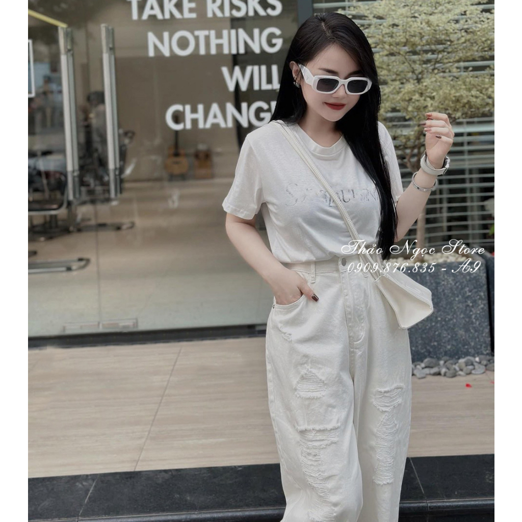 Quần jean baggy rách gối màu trắng hàng chuẫn mẫu!  THẢO NGỌC STORE
