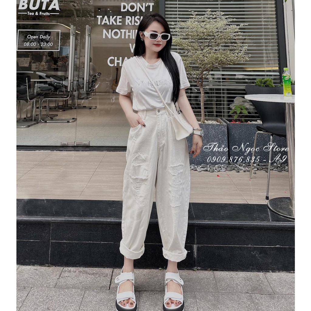 Quần jean baggy rách gối màu trắng hàng chuẫn mẫu!  THẢO NGỌC STORE
