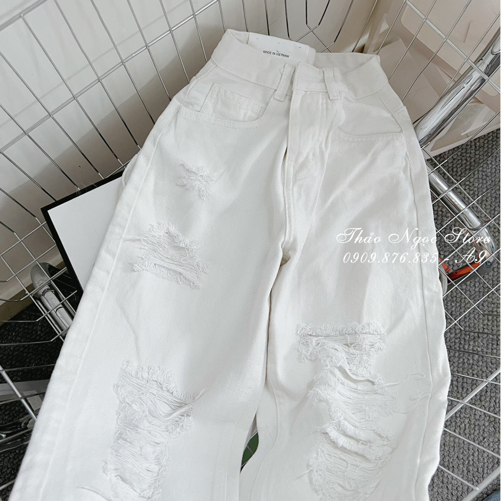 Quần jean baggy rách gối màu trắng hàng chuẫn mẫu!  THẢO NGỌC STORE
