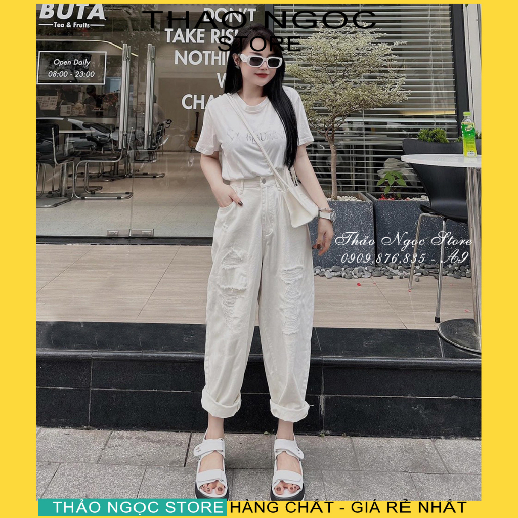 Quần jean baggy rách gối màu trắng hàng chuẫn mẫu!  THẢO NGỌC STORE