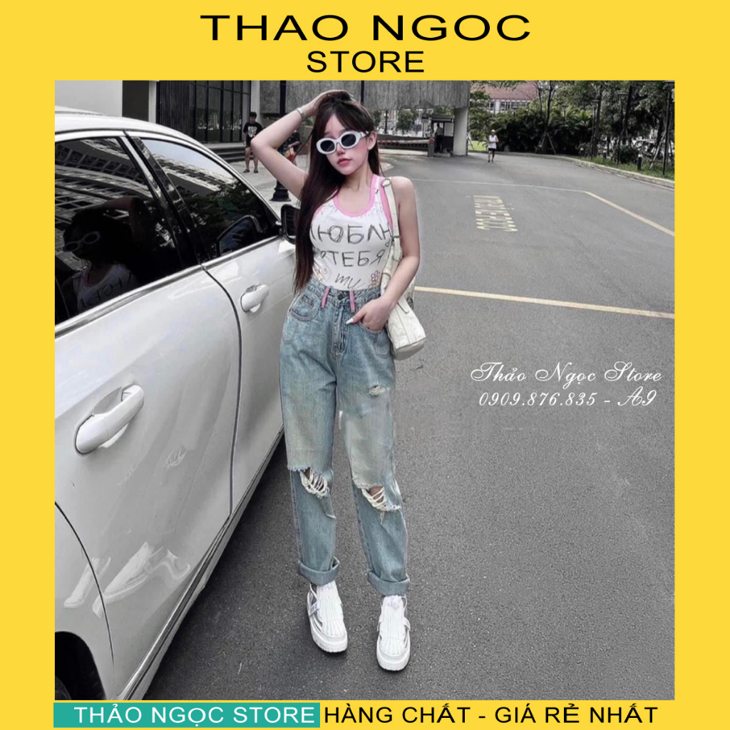 Quần jean baggy rách gối thêu chữ hồng hàng chuẩn mẫu! (có sẵn, hình thật) THẢO NGỌC STORE