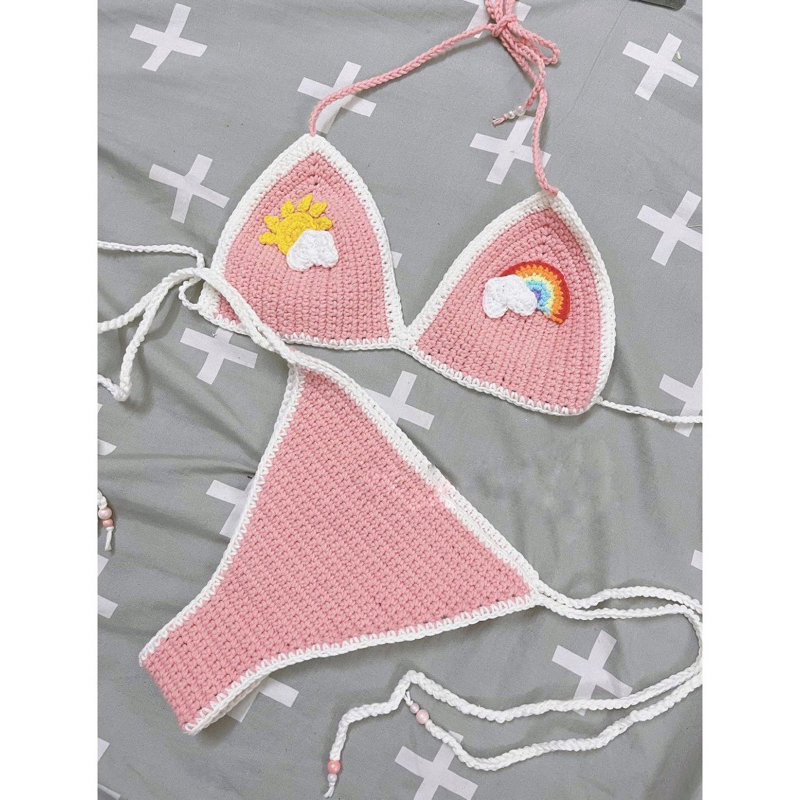 Bộ bikini len móc thủ công đính hoa (Hàng có sẵn)