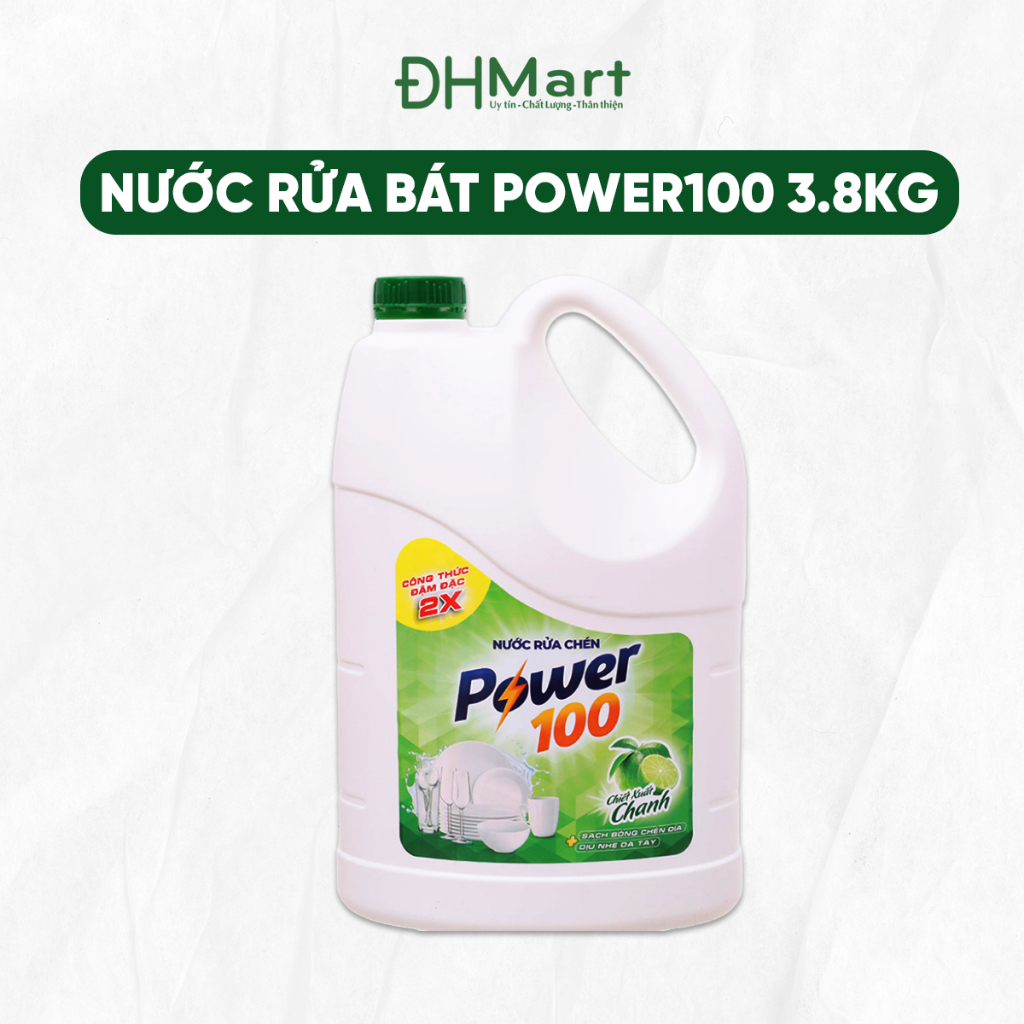 Nước rửa chén bát Power100 Tinh dầu chanh can 3.8kg an toàn, dịu nhẹ cho da tay