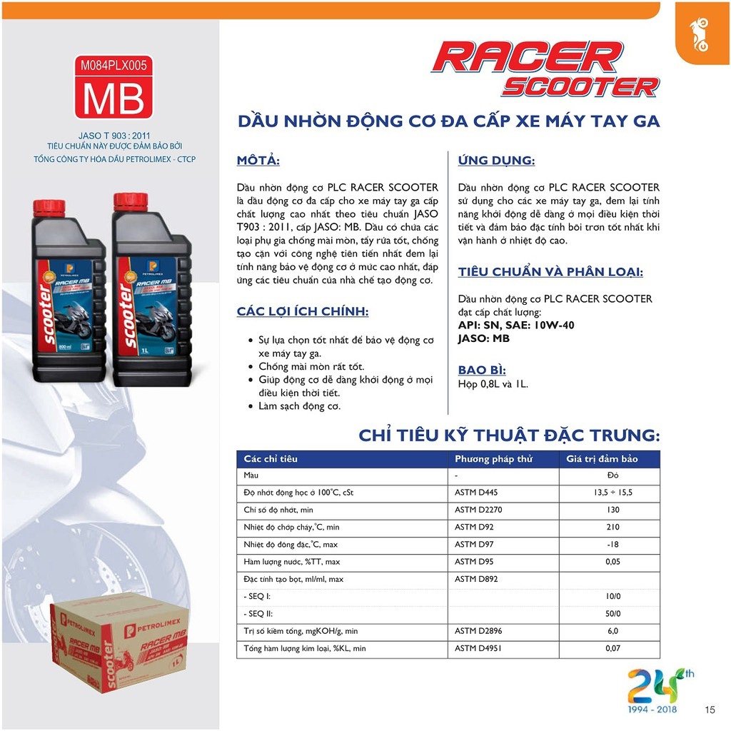 Nhớt xe ga cao cấp Petrolimex PLC RACER Scooter MB 10W40 - Chính hãng