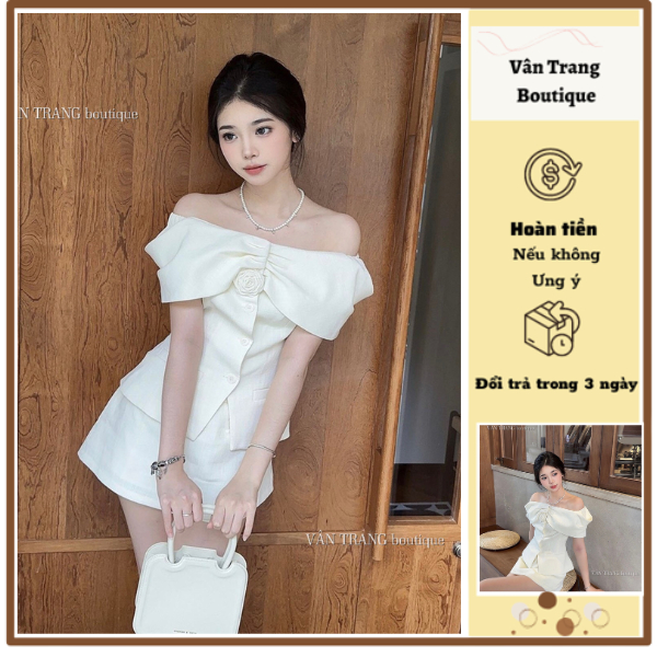 Set Áo Tweed Trễ Vai Sang Chảnh Tiểu Thư + Chân Váy Tặng Kèm Hoa Cài Áo