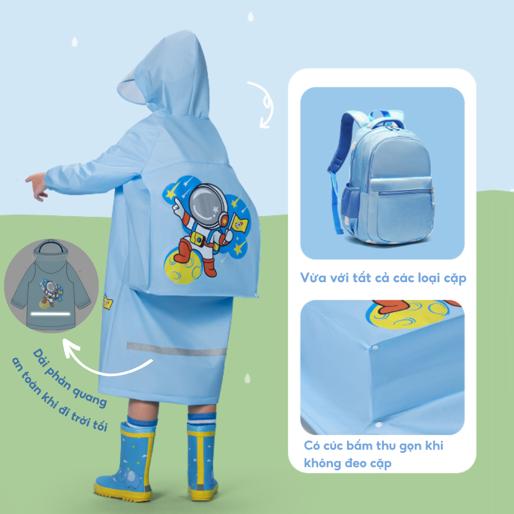 Áo mưa cho bé DINOKING Áo mưa trẻ em có khóa kéo kèm ngăn đựng cặp balo nhựa EVA siêu chống thấm bé trai bé gái PK09