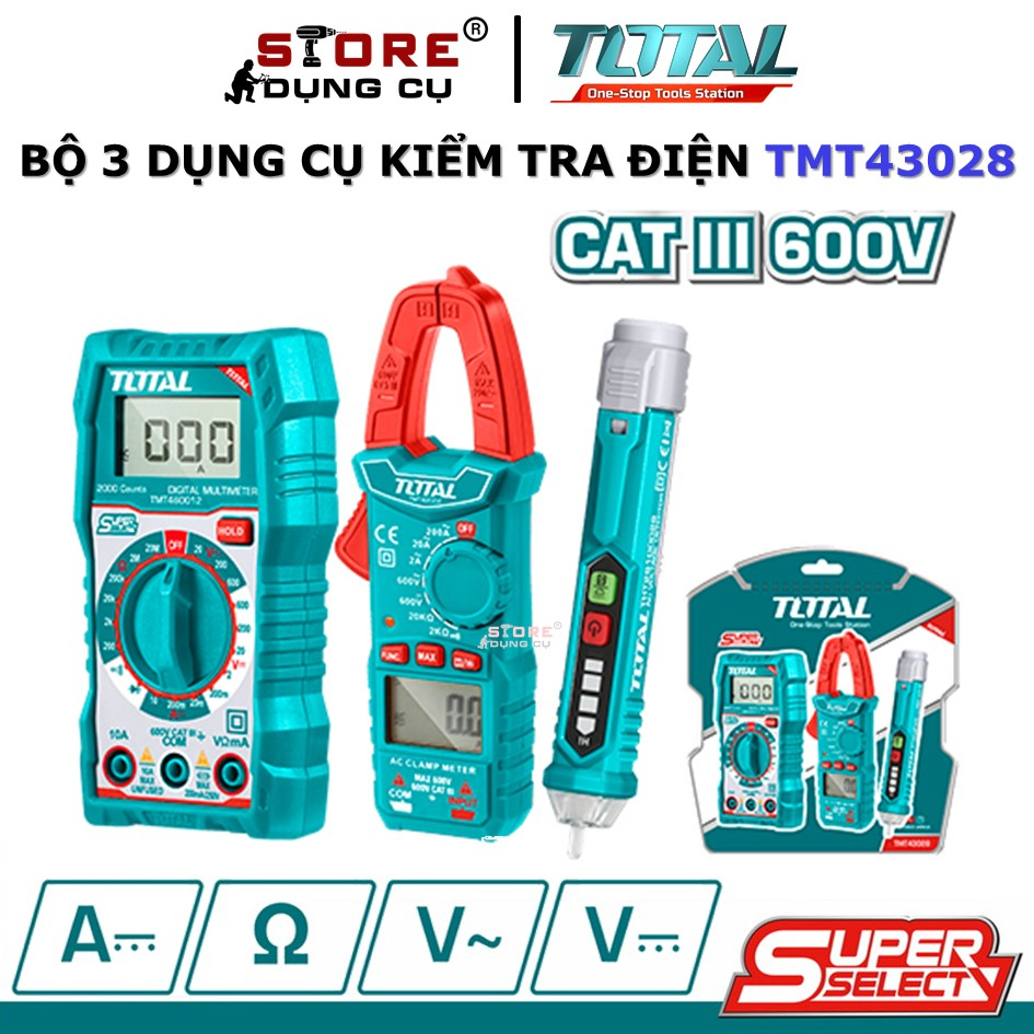 Bộ 3 dụng cụ kiểm tra điện Total TMT43028 | Bao gồm: Ampe kìm , Đồng hồ vạn năng , Bút thử điện AC