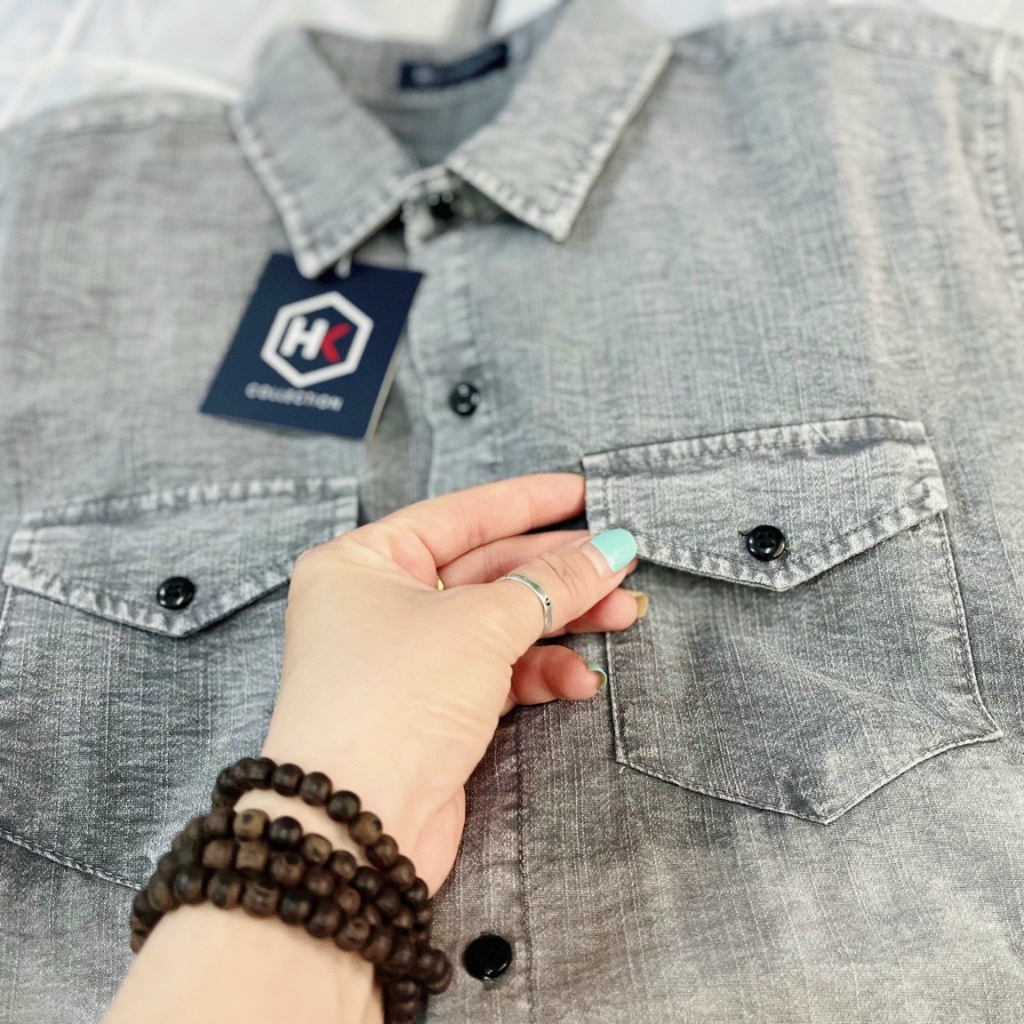 Áo sơ mi chất đũi tay dài phối màu giả rin nam nữ đều mặc được