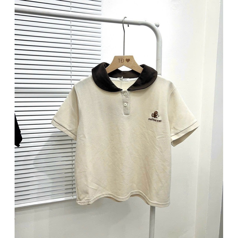 Áo polo cổ sen thêu coffee cat - Do Do - studio 919