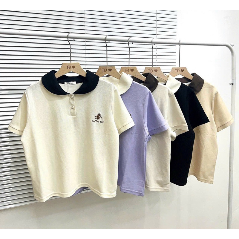 Áo polo cổ sen thêu coffee cat - Do Do - studio 919