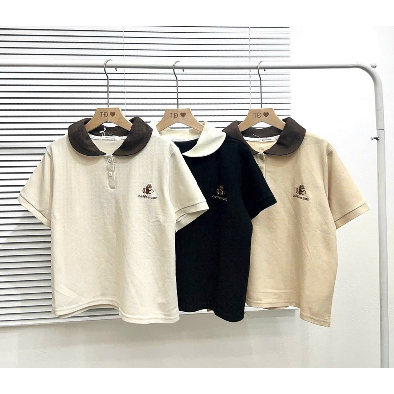 Áo polo cổ sen thêu coffee cat - Do Do - studio 919