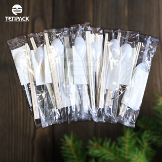 Set 100 bộ combo Muỗng - Khăn giấy - Đũa Gỗ