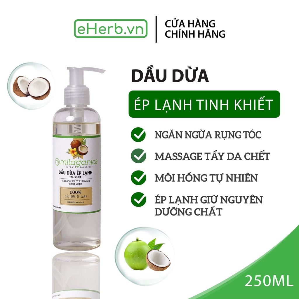 Dầu dừa hữu cơ ép lạnh nguyên chất, dưỡng mi, dưỡng tóc, dưỡng môi, dưỡng da MILAGANICS 250ml