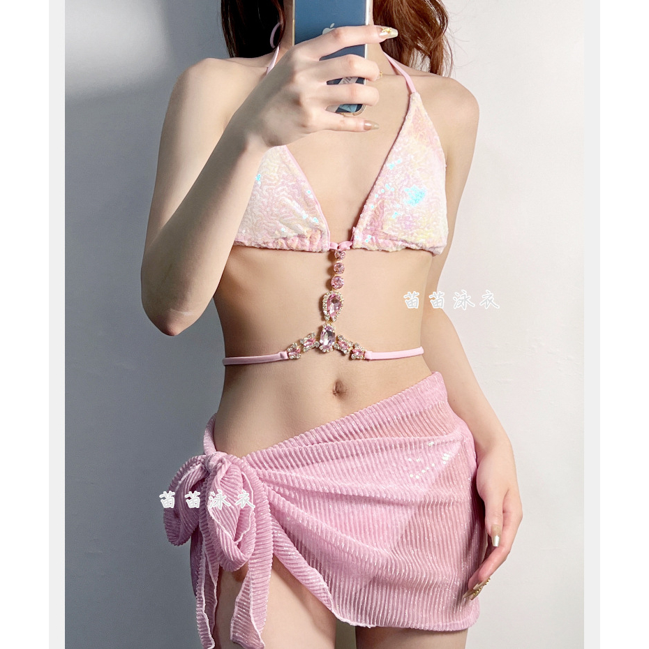 Bikini đi biển LUHAZO set 3 chi tiết áo kèm quần và khăn quấn đính đá óng ánh sang chảnh màu hồng đính cườm 3101 D8T2