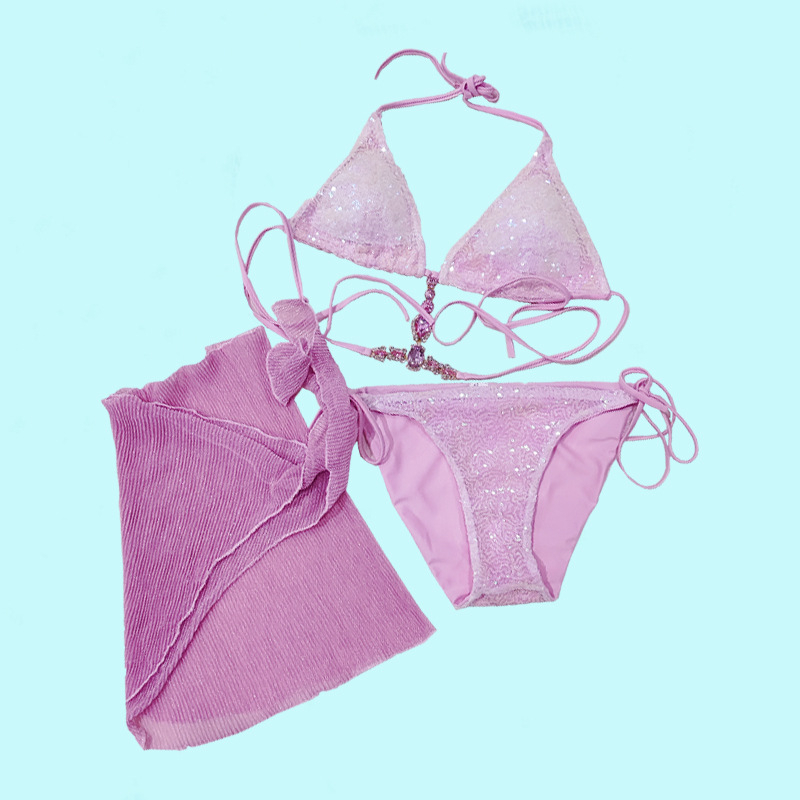 Bikini đi biển LUHAZO set 3 chi tiết áo kèm quần và khăn quấn đính đá óng ánh sang chảnh màu hồng đính cườm 3101 D8T2