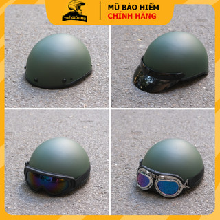 Mũ bảo hiểm nửa đầu màu xanh rêu lính có kèm kính phi công,uv,nón bảo hiểm 1/2 free size cho nam nữ Thế Giới Mũ