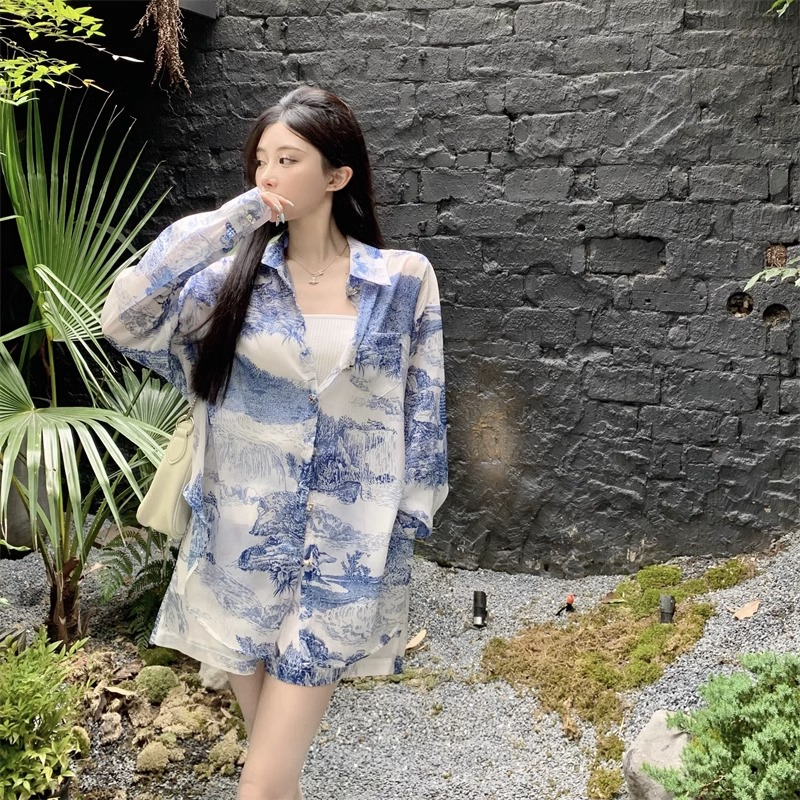 (HÀNG ORDER kèm HÌNH THẬT) Set voan áo sơ mi rộng tay dài phối quần ngắn in hình thời trang, cá tính