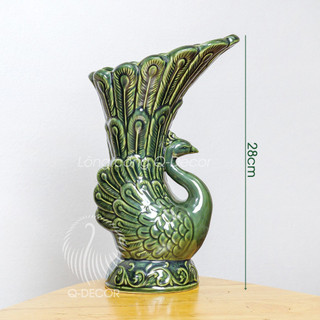 Bình cắm lông công phong thủy Q Decor, chất liệu Gốm men ngọc lục bảo, hình chim công