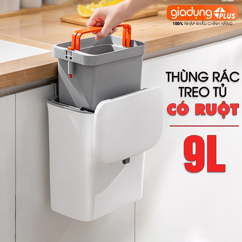 Thùng rác treo tủ bếp 9L, thùng rác nắp lật nắp đậy thông minh đậy kín bằng nhựa PP cao cấp (có ruột & quai xách) Lazydo