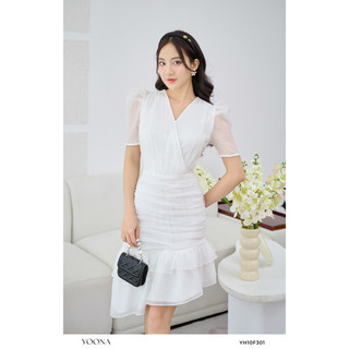 Đầm trắng nhún phối đuôi cá tơ nhăn yoona - yh10f301