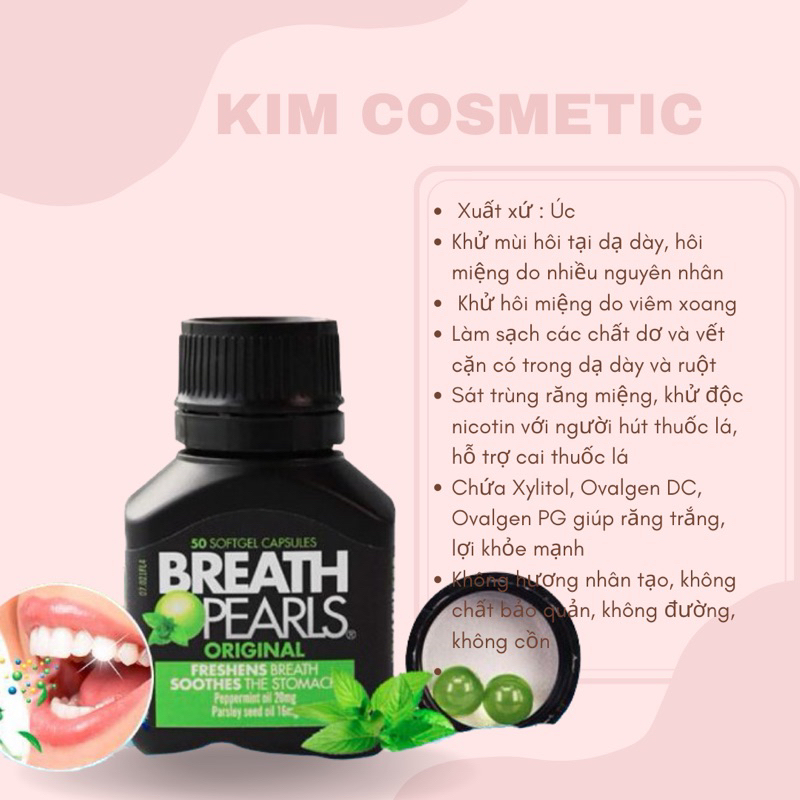 Viên Uống Thơm Miệng Breath Pearls Original Úc, Lọ 50 Viên Giúp Hơi Thở Thơm Mát Cho Bạn Tự Tin Giao Tiếp Cả Ngày