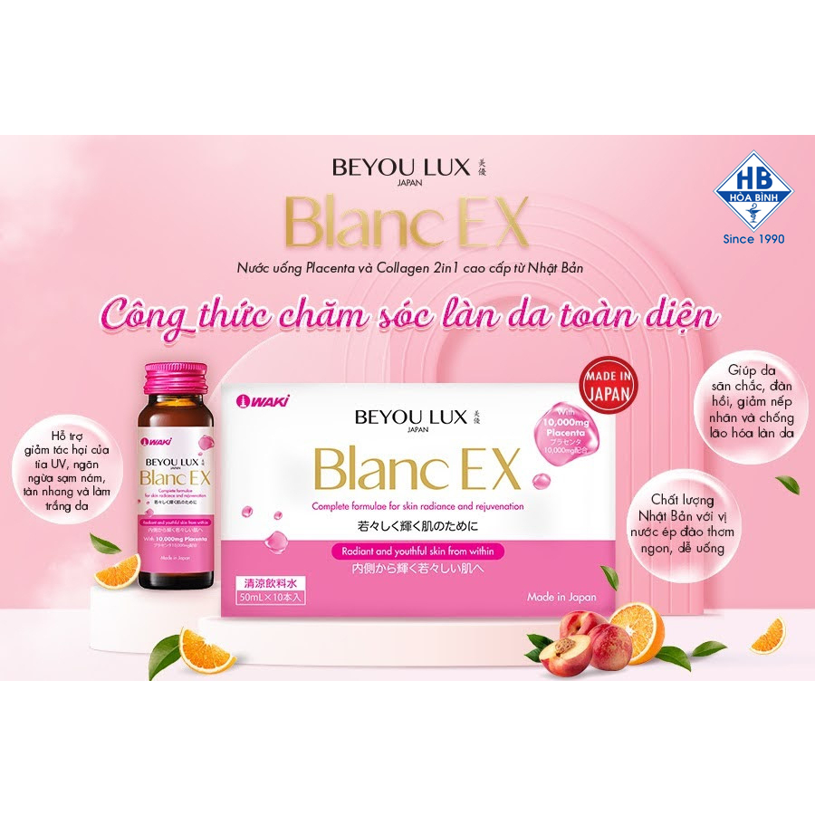 BEYOU LUX BLANC EX - Nước uống Collagen và Placenta từ Nhật Bản, hỗ trợ giảm lão hóa, chăm da sáng mịn