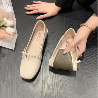  Giày gót vuông da mềm mũi vuông quai ngang đính ngọc nữ tính phong cách Hàn quốc đế cao su dẻo 3cm đi êm chân - Mã G72 