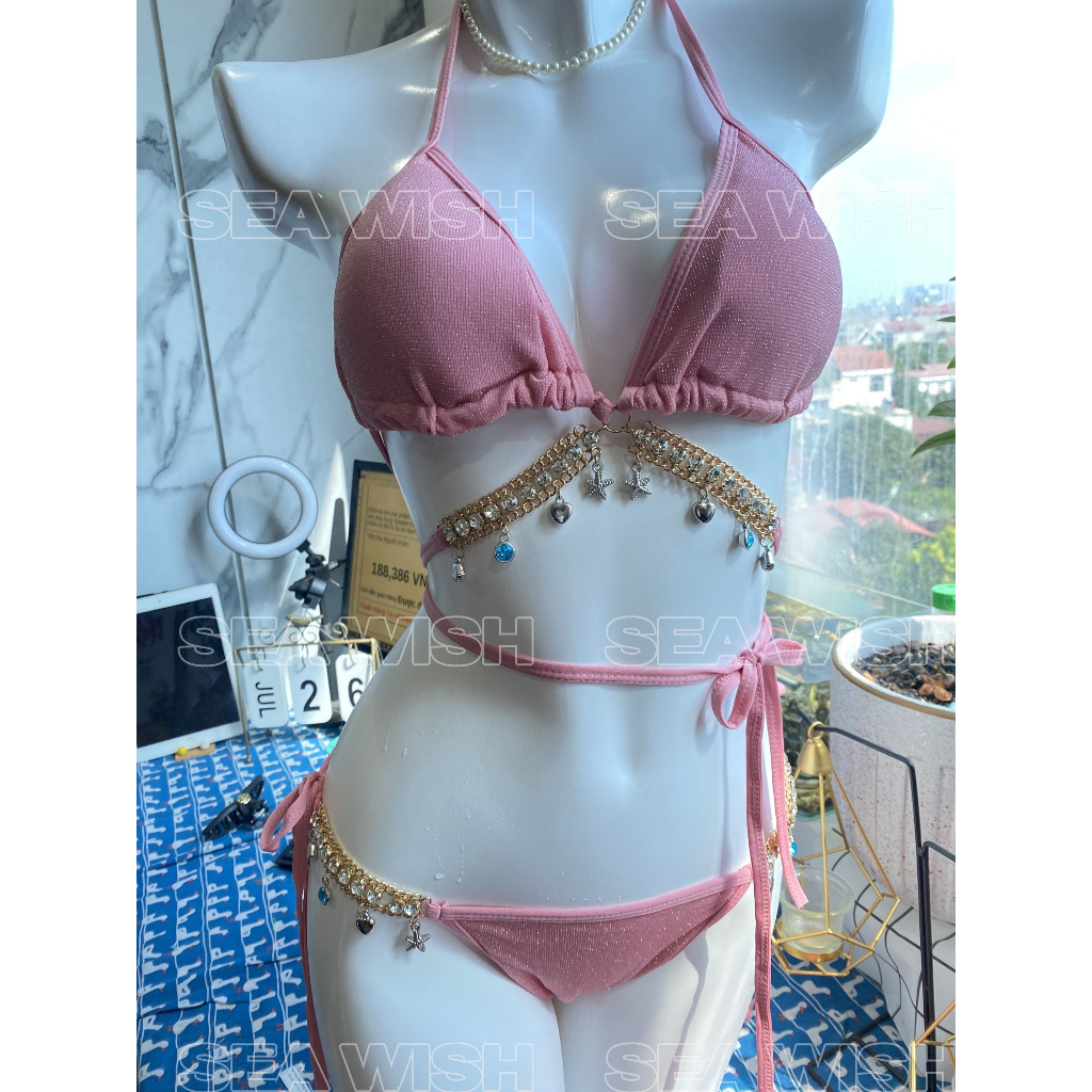 Set bikini đi biển 3 mảnh  màu hồng cam hot trend công chúa
